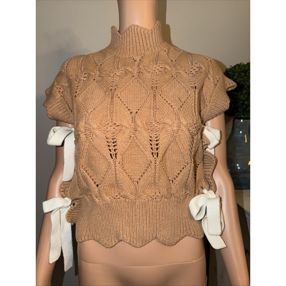 &merci Sweater Vest Large Beige Open Knit Mock Neck Side Tie Bows Stretchy